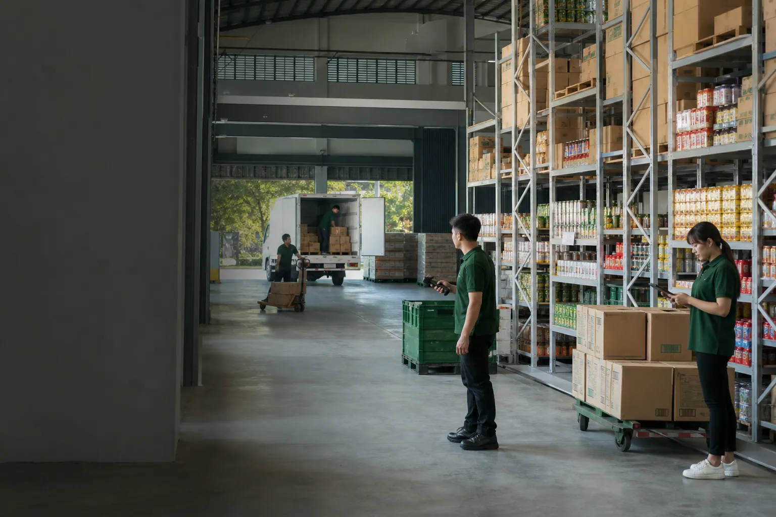 Organized distribution warehouse with an operations team checking inventory